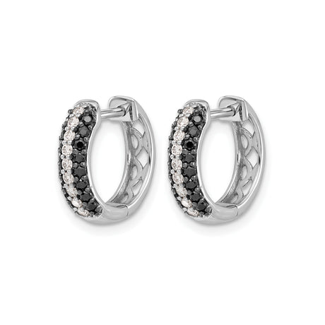 10k White Gold Hoop Earrings with Black and White Diamonds, Pavé Setting, Modern Contrast Design