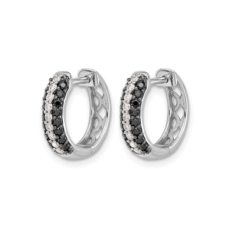 14k White Gold Hoop Earrings with Black and White Diamonds, Modern Pave Design