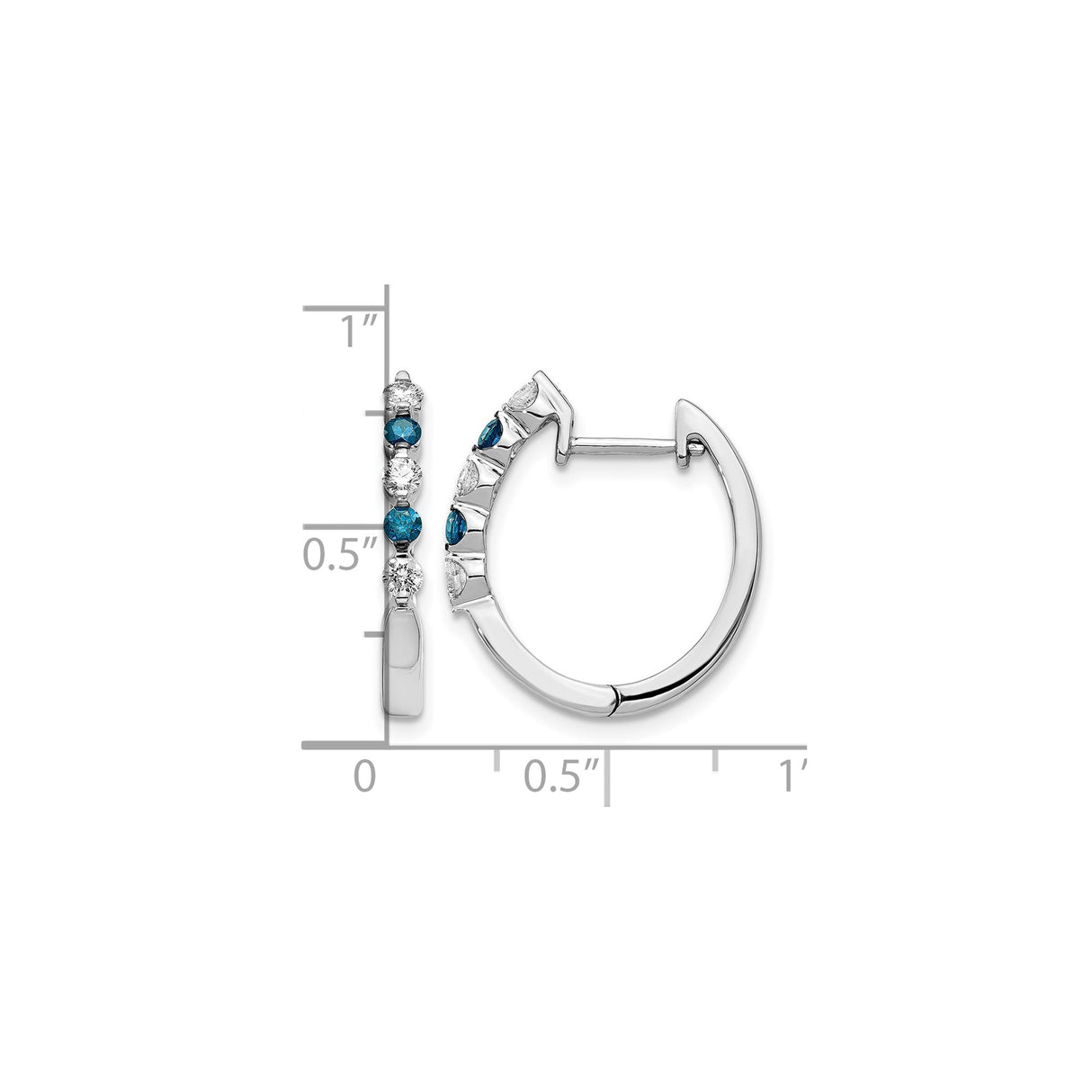 14k White Gold Hoop Earrings with Alternating White and Blue Diamonds, Prong Set Design