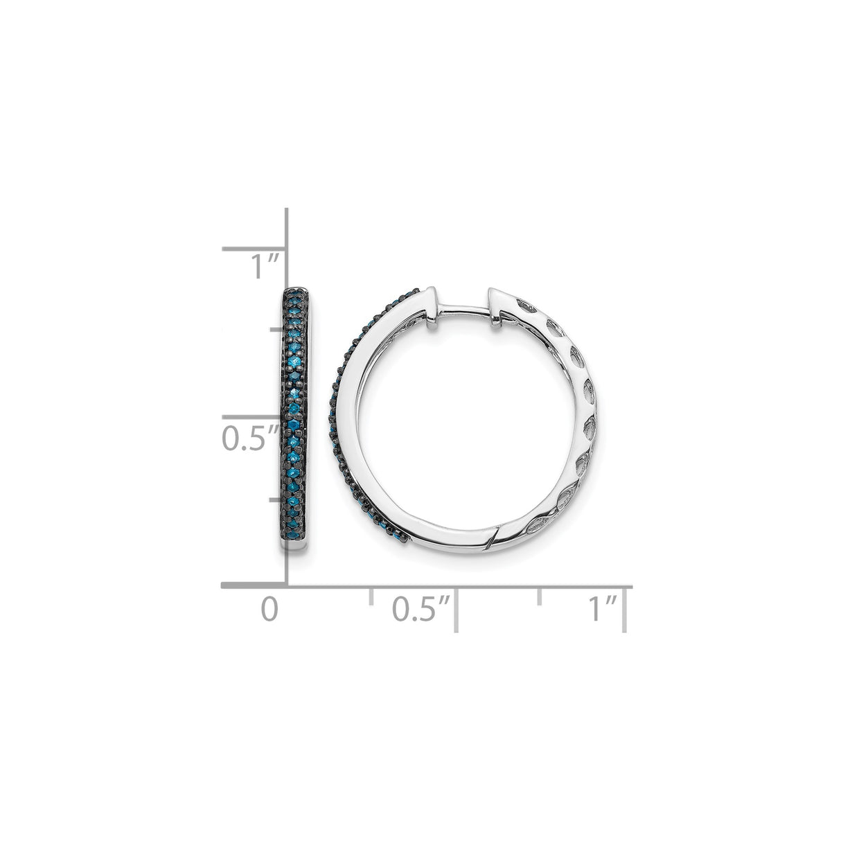 14k White Gold Hoop Earrings with Blue Diamonds, Modern Hinged Closure Design