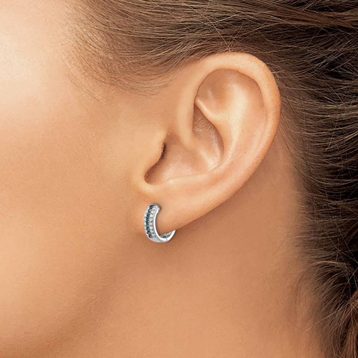 14k White Gold Hoop Earrings with Channel Set Blue and White Diamonds, Modern Huggie Style