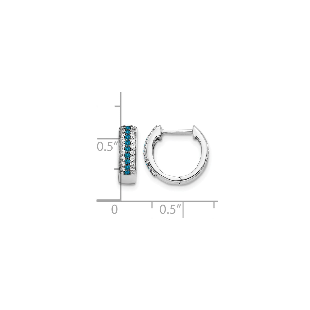 14k White Gold Hoop Earrings with Channel Set Blue and White Diamonds, Modern Huggie Style
