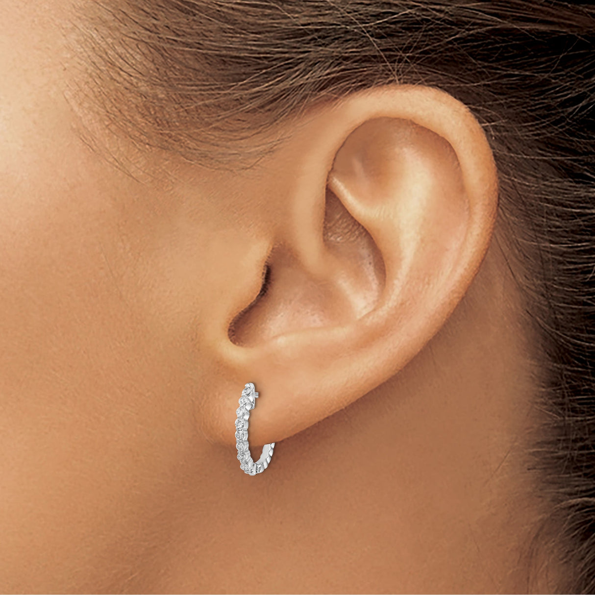 14k White Gold Diamond Hoop Earrings with Round Cut Stones, Half Eternity Design