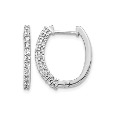 14k White Gold Hoop Earrings with Round Cut Diamonds, Prong Setting, Polished Finish