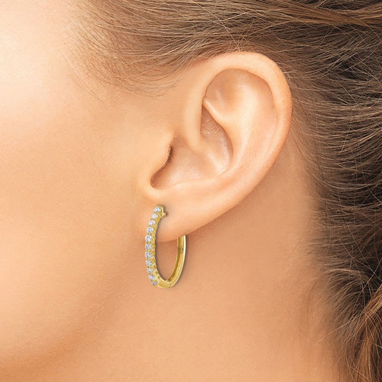 14k Yellow Gold Hoop Earrings with Round Diamonds, Channel Set Classic Style