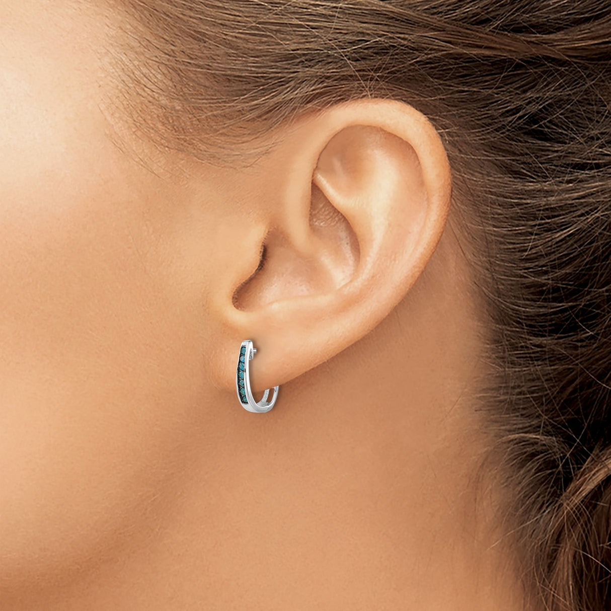 14k White Gold Hoop Earrings with Blue Diamond, Modern Minimalist Huggie Style