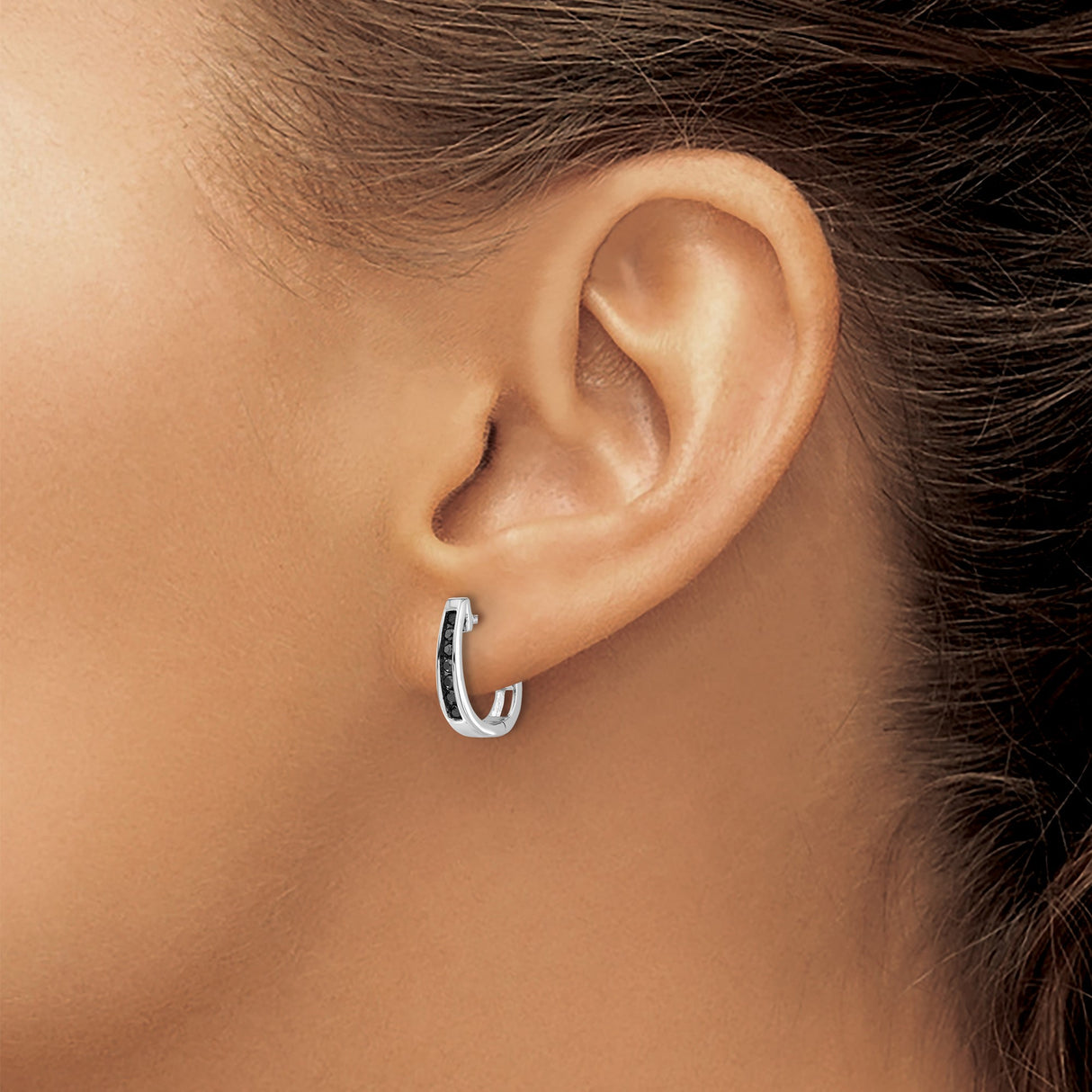 14k White Gold Huggie Hoop Earrings with Black Diamonds, Modern Sleek Style