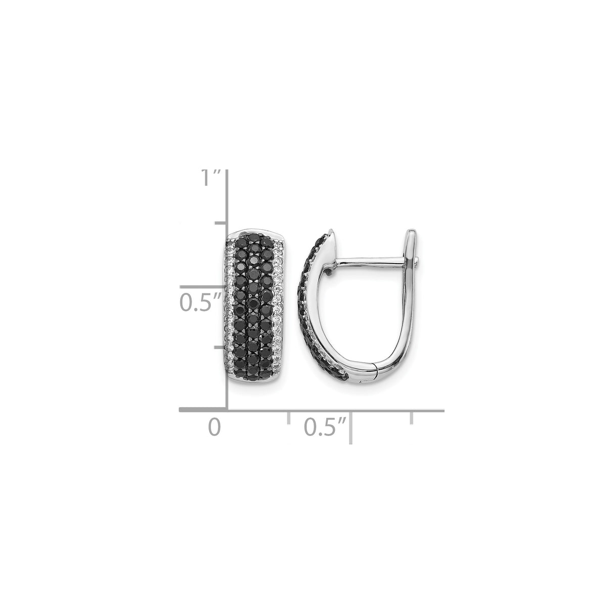 14k White Gold Huggie Hoop Earrings with Black and White Diamonds, Modern Formal Design