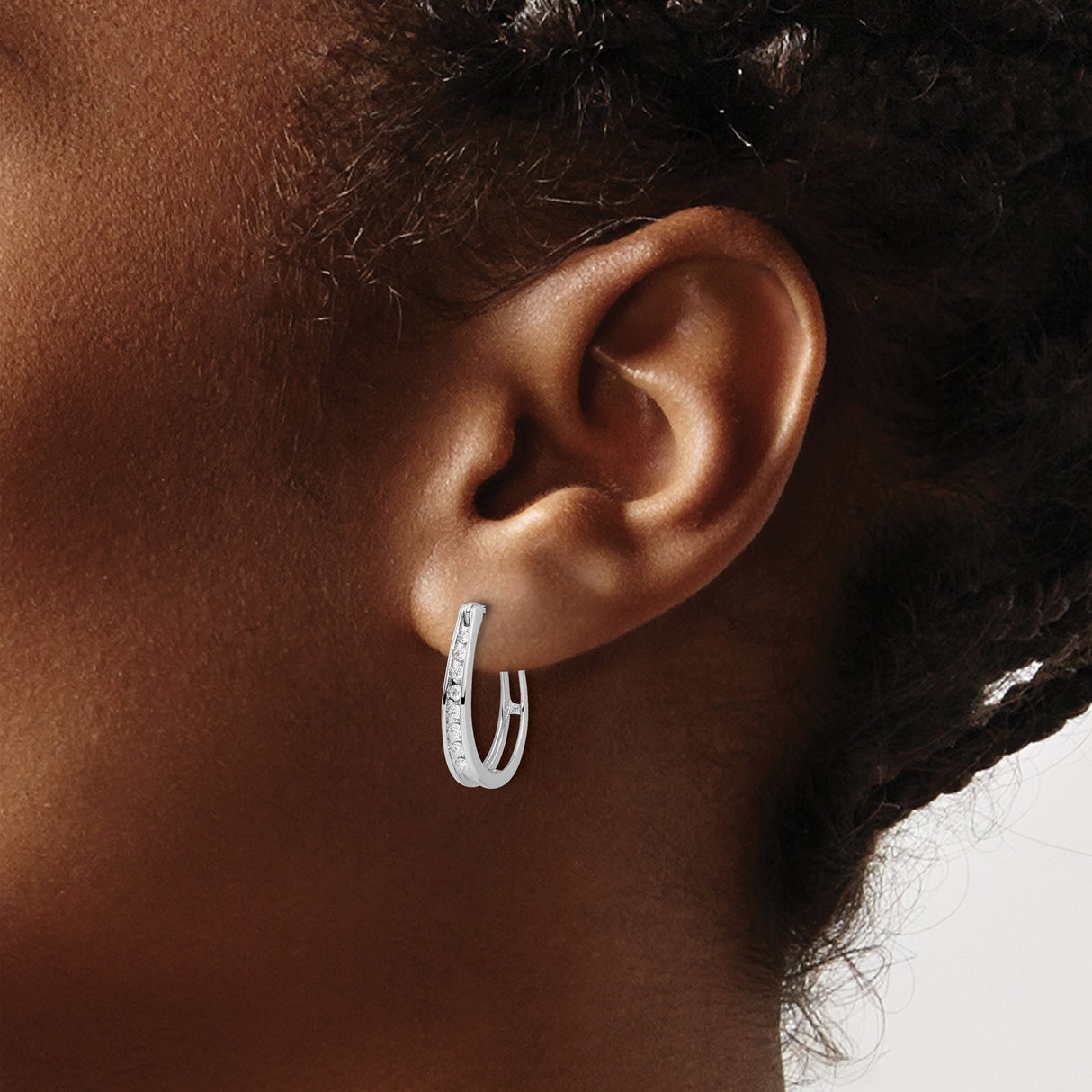 14k White Gold Hoop Earrings with Channel Set Round Diamonds, Polished Finish