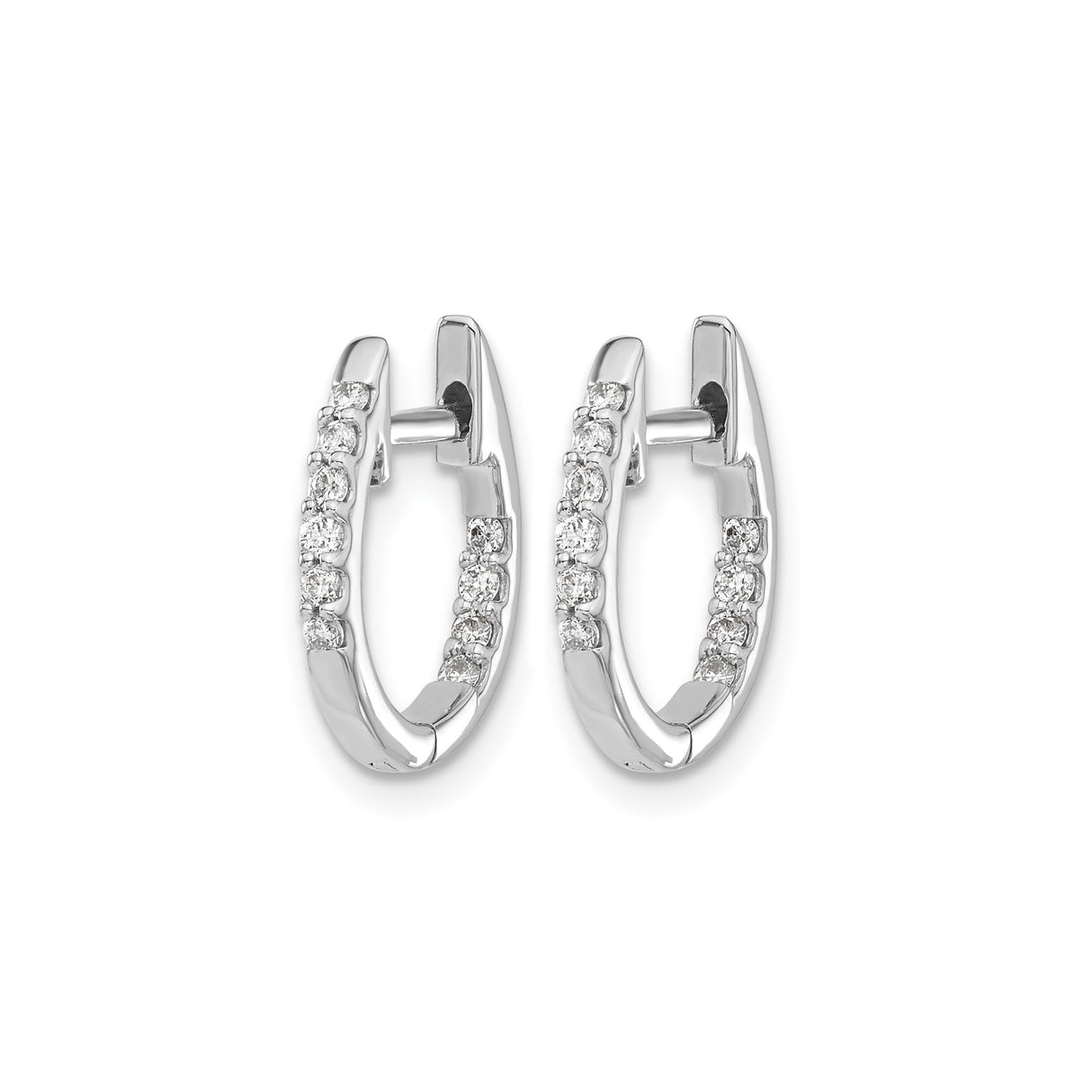10k White Gold Hoop Earrings with Round Cut Cubic Zirconia, Shared Prong Setting, Hinged Design