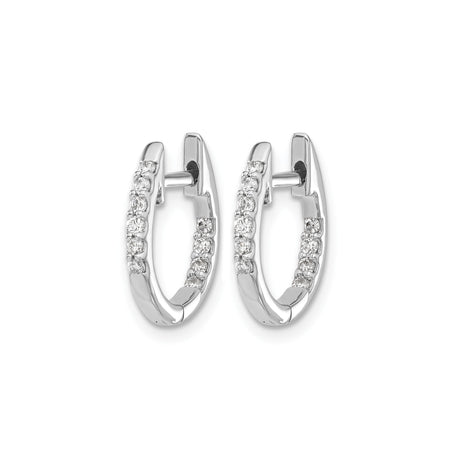 10k White Gold Hoop Earrings with Round Cut Cubic Zirconia, Shared Prong Setting, Hinged Design