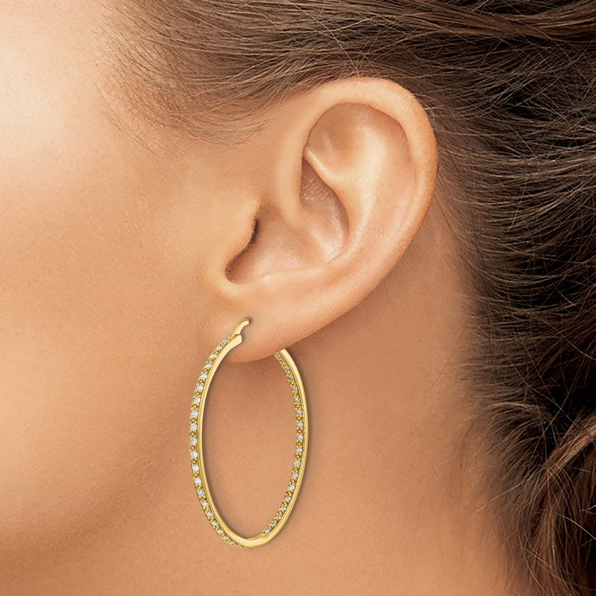 14k Yellow Gold Hoop Earrings with Diamond Pavé, Lightweight Round Style for Women