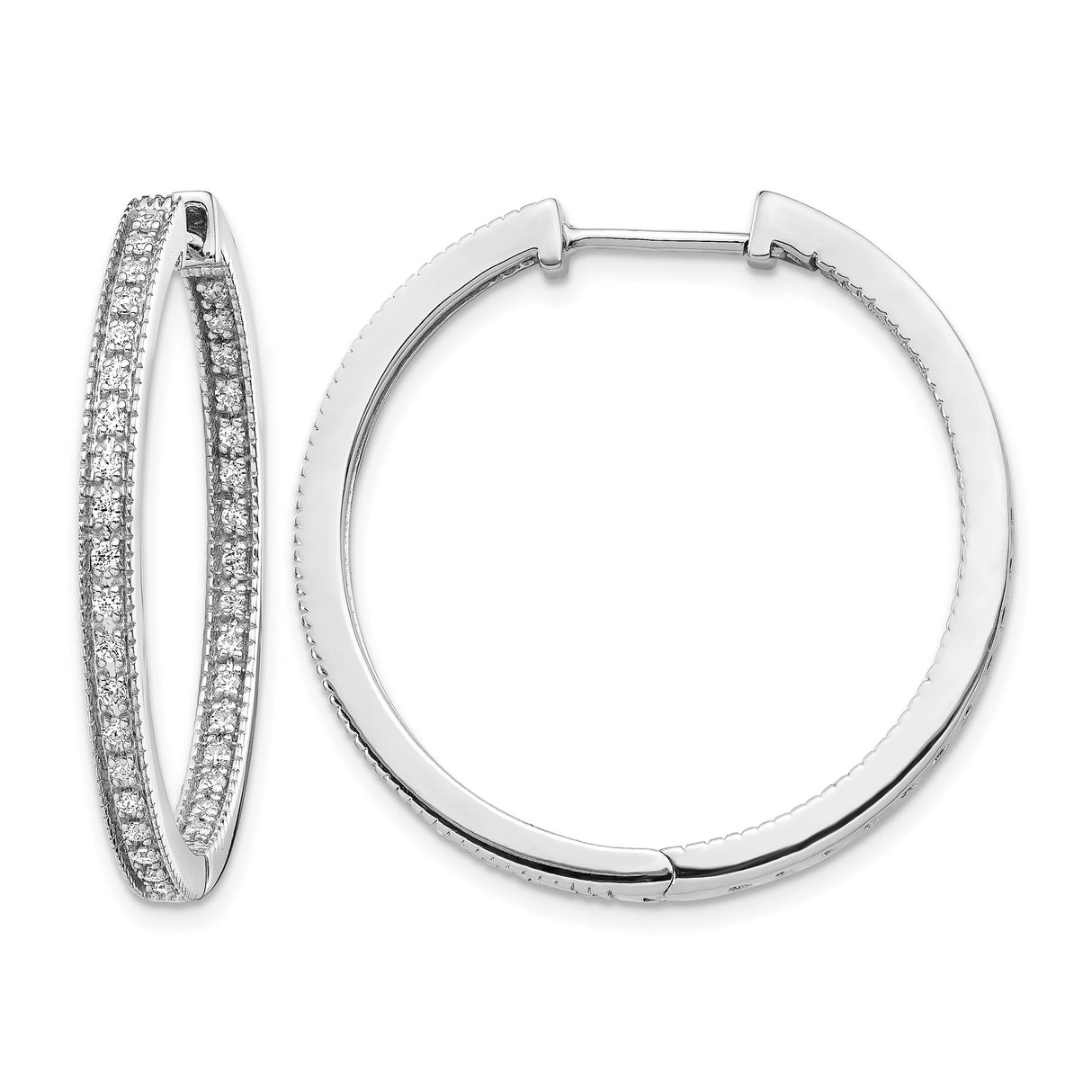 14k White Gold Hoop Earrings with Pavé Cubic Zirconia, Double Row Modern Style