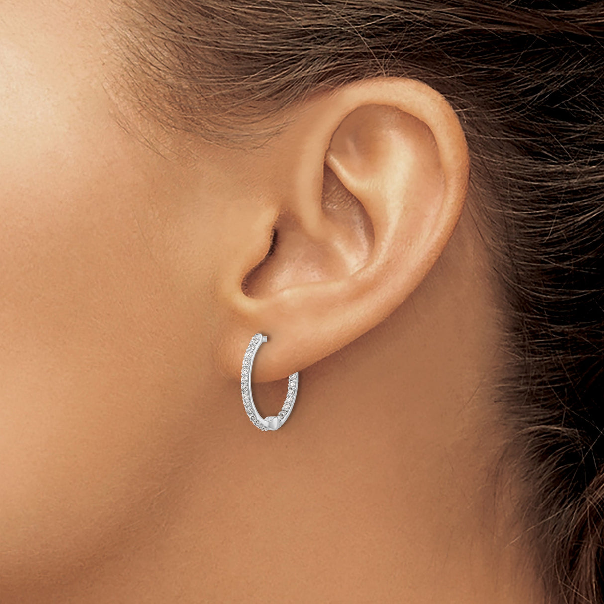 14k White Gold Hoop Earrings with Pavé Round Cut Diamonds, Classic Hinged Fine Jewelry