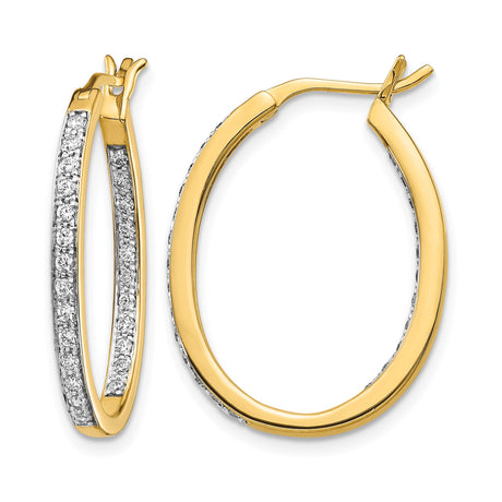 14k Yellow Gold Oval Hoop Earrings with Front-Facing White Diamonds, Hinged Lightweight Design