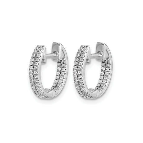 14k White Gold Hoop Earrings with Double Row Cubic Zirconia, Hinged Closure Design