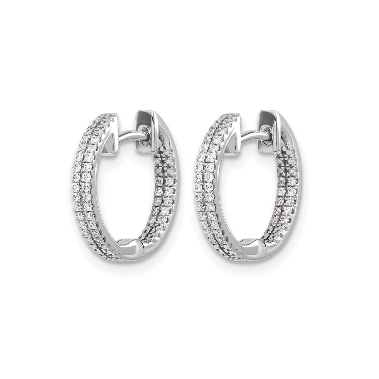 14k White Gold Hoop Earrings with Triple Row Cubic Zirconia, Prong Set Hinged Design