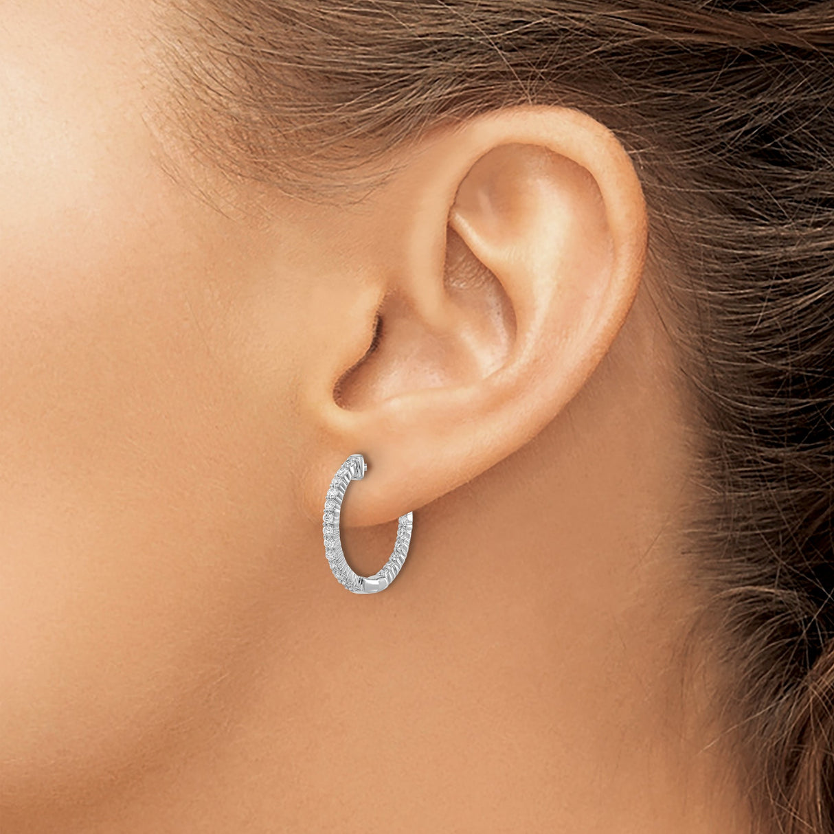 14k White Gold Diamond Hoop Earrings, Inside-Out Design with Hinged Clasp