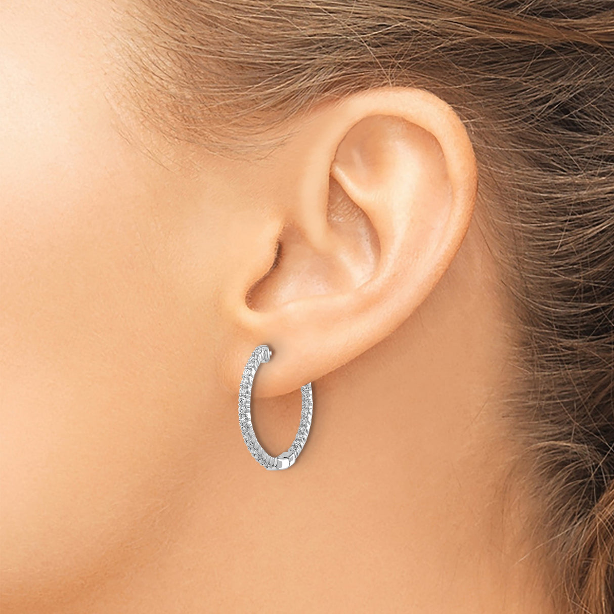 10k White Gold Hoop Earrings with Cubic Zirconia, Inside-Out Lightweight Design for Women