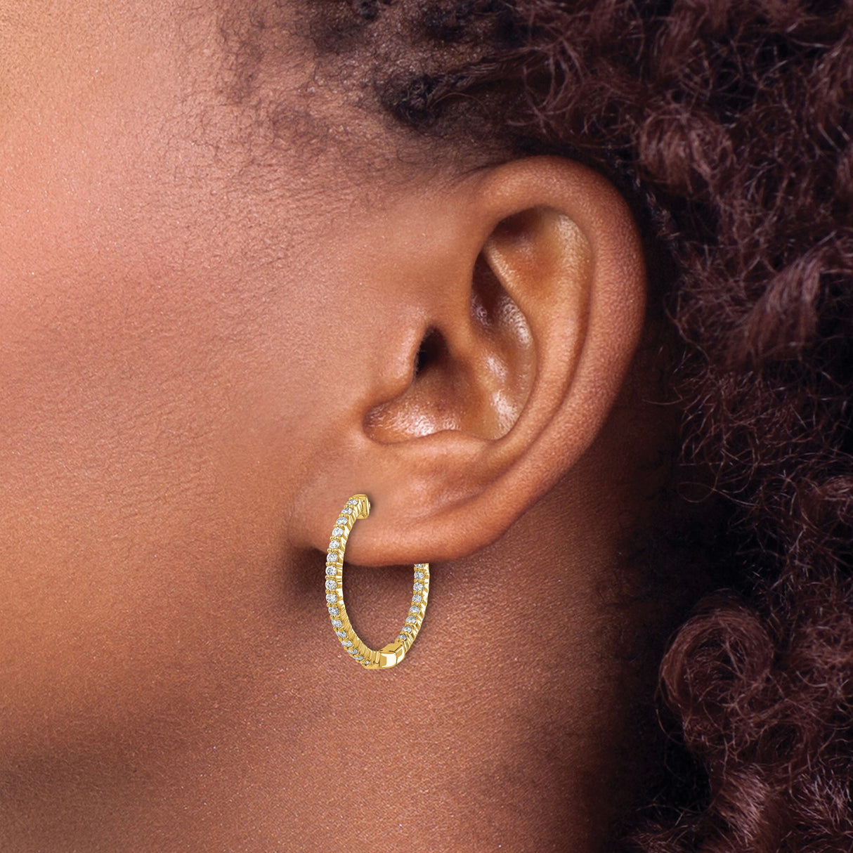 10k Yellow Gold Hoop Earrings with Round Cut Cubic Zirconia, Shared Prong Setting, Classic Style