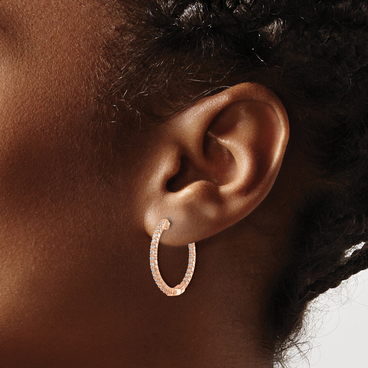 14k Rose Gold Diamond Hoop Earrings, Round Cut Prong Set, Minimal Style for Women