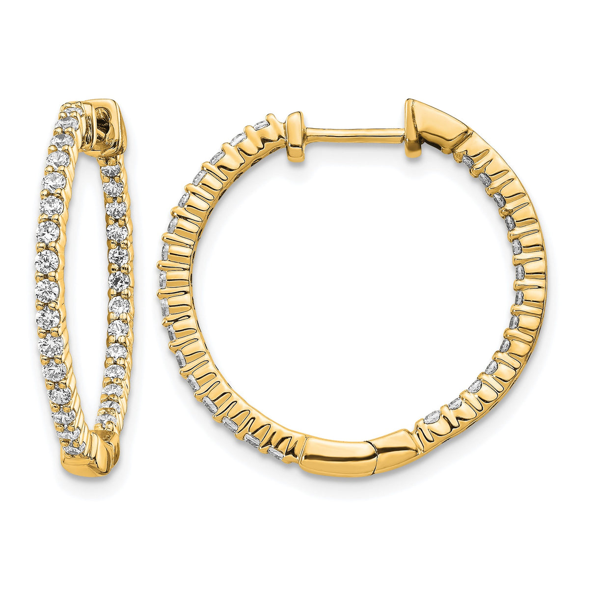 14k Yellow Gold Hoop Earrings with Round-Cut Diamonds, Inside-Out Prong Set Design
