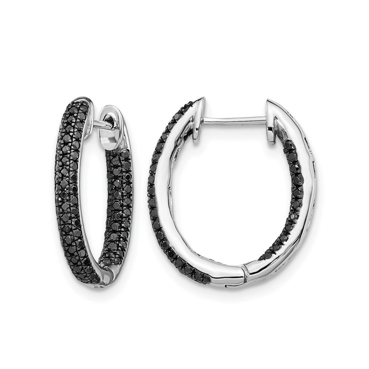 14k White Gold Hoop Earrings with Black Diamond Accents, Medium Modern Style