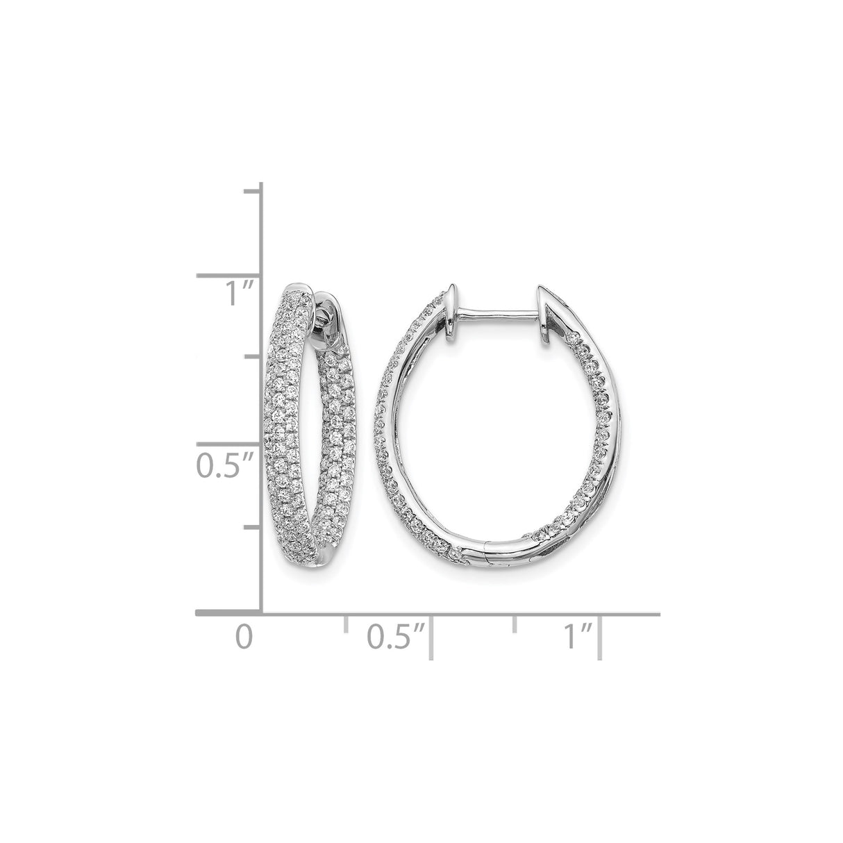 14k White Gold Diamond Hoop Earrings, Pavé Double Row, Hinged Clasp