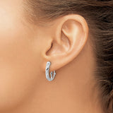 14k White Gold Hoop Earrings with Round Cut Diamonds, Twisted Design, Omega Back