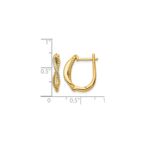 14k Yellow Gold Hoop Earrings with Diamond Accents, Twisted Rope Design, Intertwined Style
