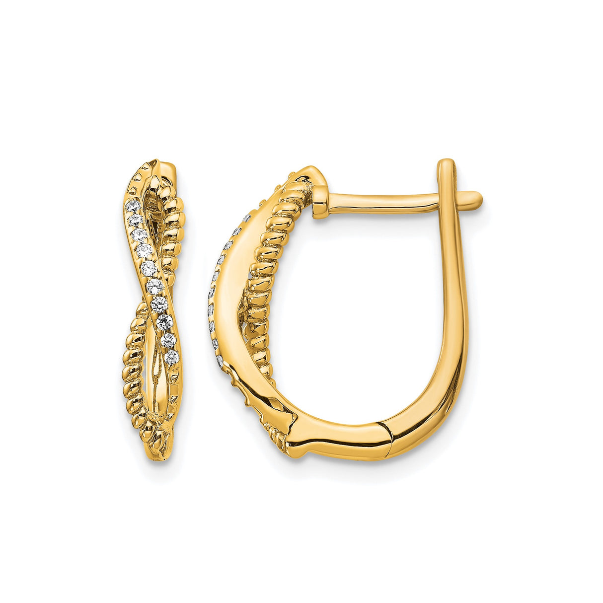 14k Yellow Gold Hoop Earrings with Diamond Accents, Twisted Rope Design, Intertwined Style