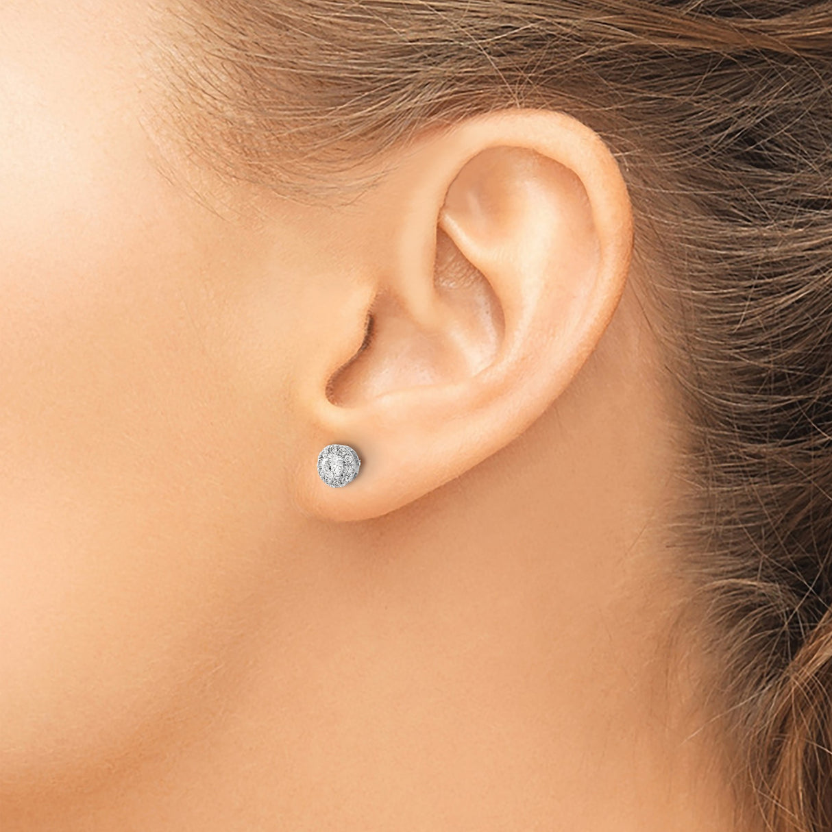 14k White Gold Diamond Stud Earrings, Round Cluster with Halo Design for Women