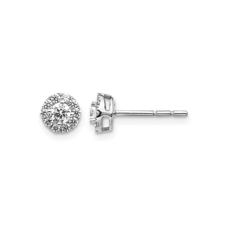 14k White Gold Diamond Stud Earrings with Round Center Stone and Halo Setting