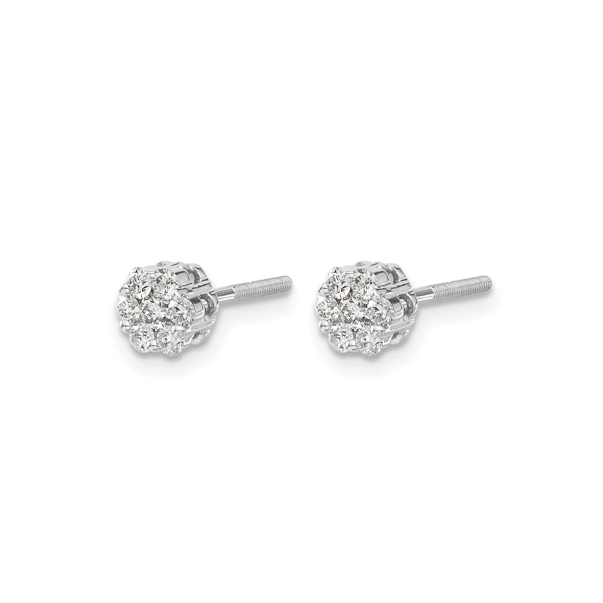 14k White Gold Diamond Cluster Stud Earrings, Floral Design, Screw Back