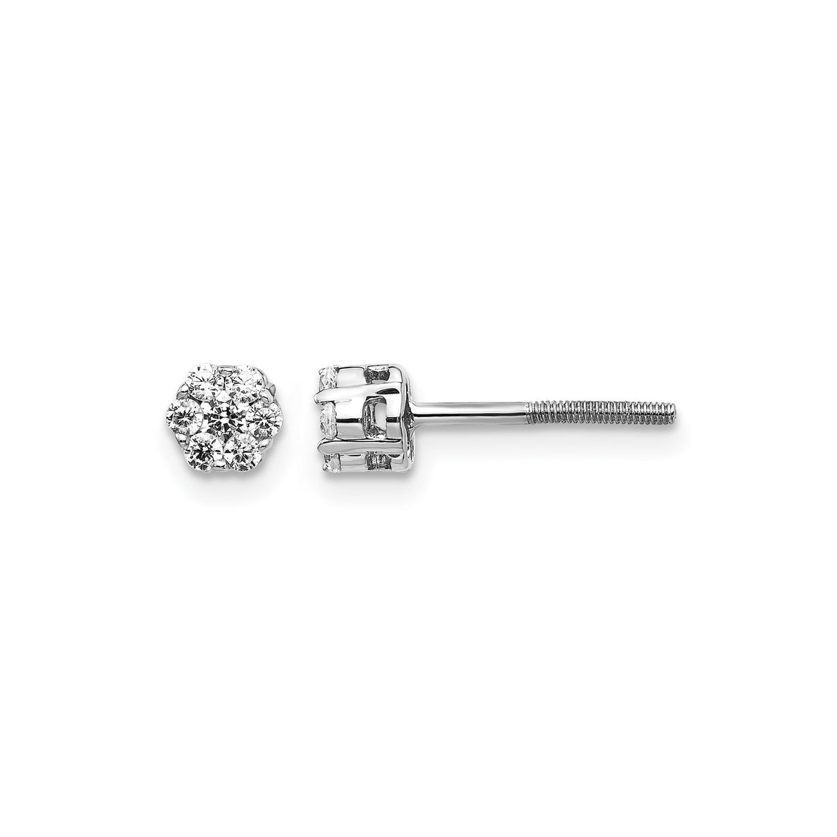 14k White Gold Diamond Cluster Stud Earrings, Floral Design, Screw Back