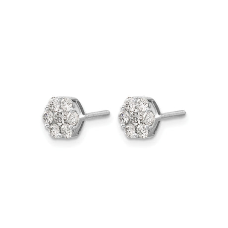 14k White Gold Diamond Cluster Stud Earrings in Floral Hexagon Setting, Screw Back