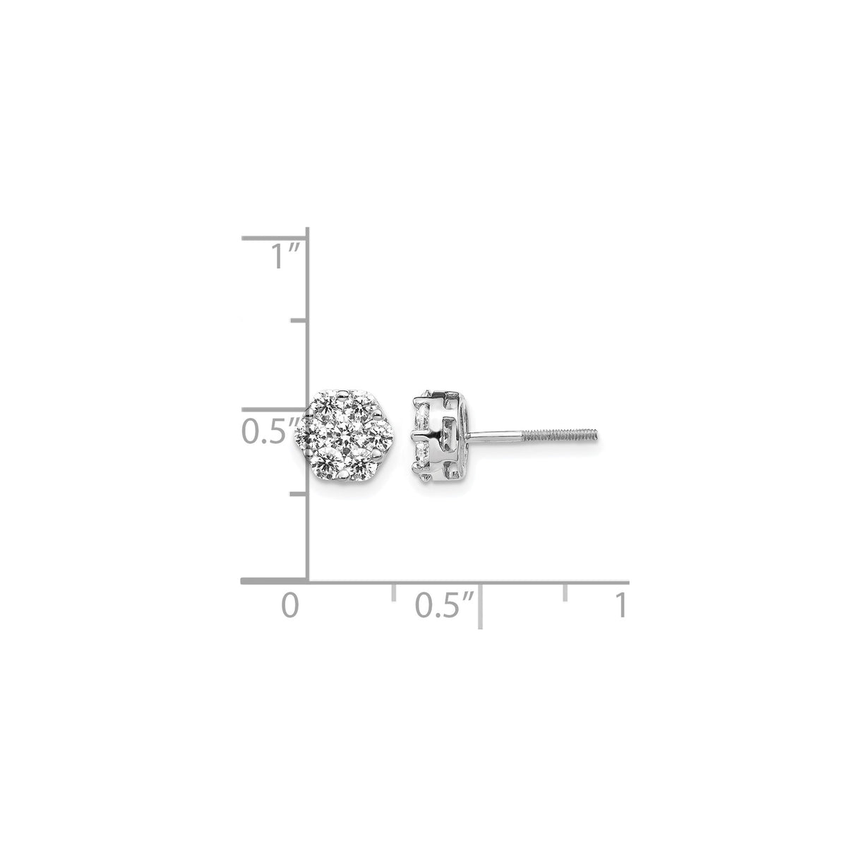 14k White Gold Diamond Cluster Stud Earrings with Floral Hexagon Design