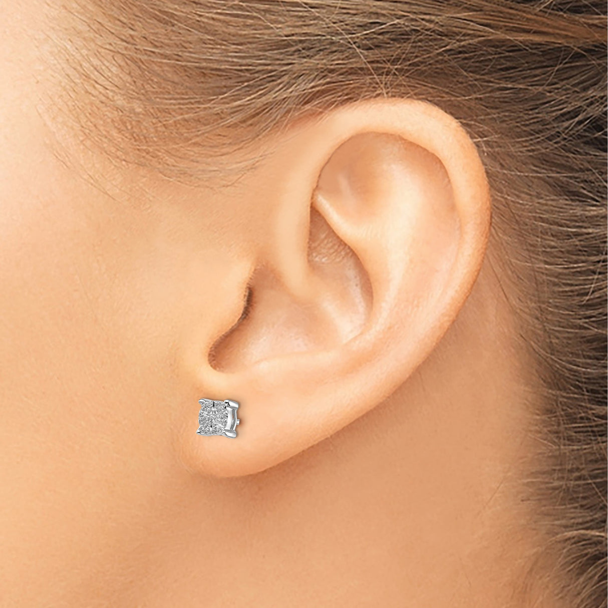 14k White Gold Diamond Stud Earrings with Square Cluster Design, Round Cut Prong Set Diamonds