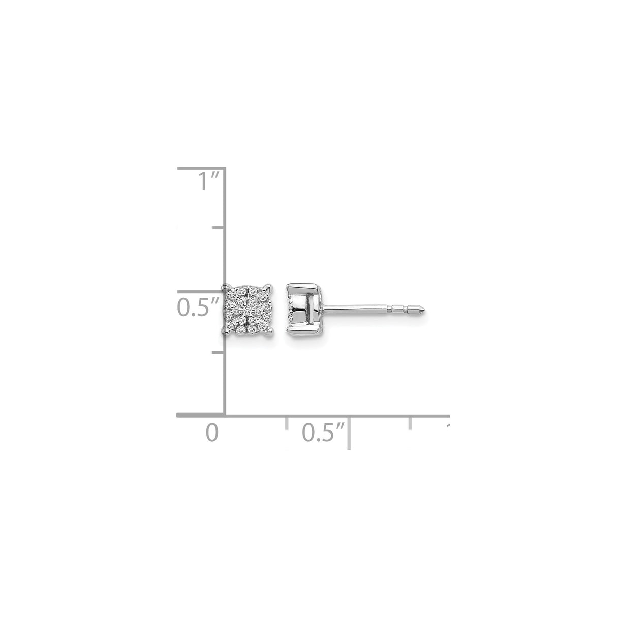 14k White Gold Diamond Stud Earrings with Square Cluster Design, Round Cut Prong Set Diamonds
