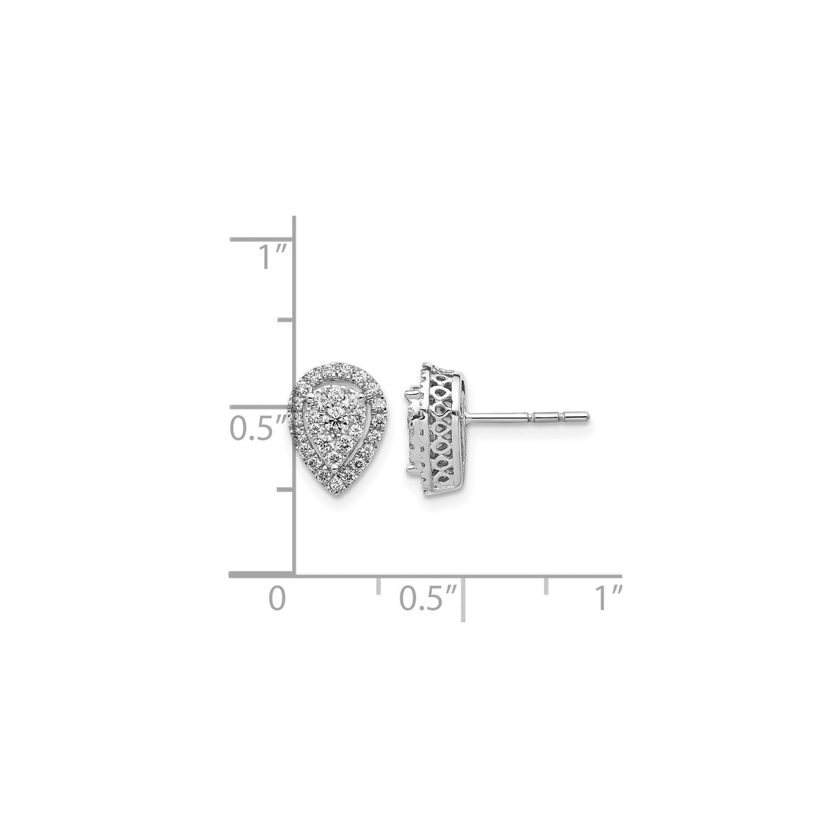 14k White Gold Teardrop Stud Earrings with Double Halo, Round Cut Diamond Cluster Design