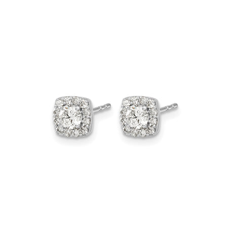 14k White Gold Diamond Halo Stud Earrings with Round Center and Cushion Halo