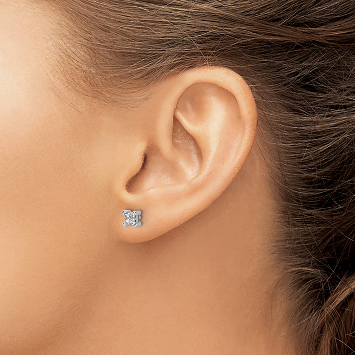14k White Gold Diamond Stud Earrings with Princess Cut Square Cluster, Screwback Design