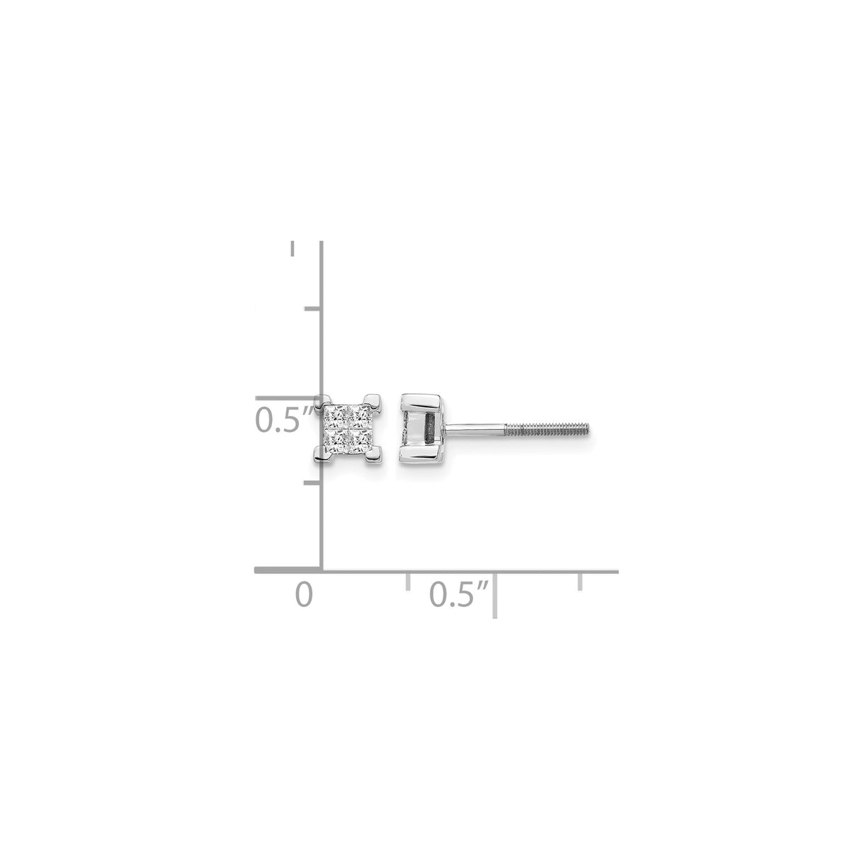 14k White Gold Diamond Stud Earrings with Princess Cut Square Cluster, Screwback Design