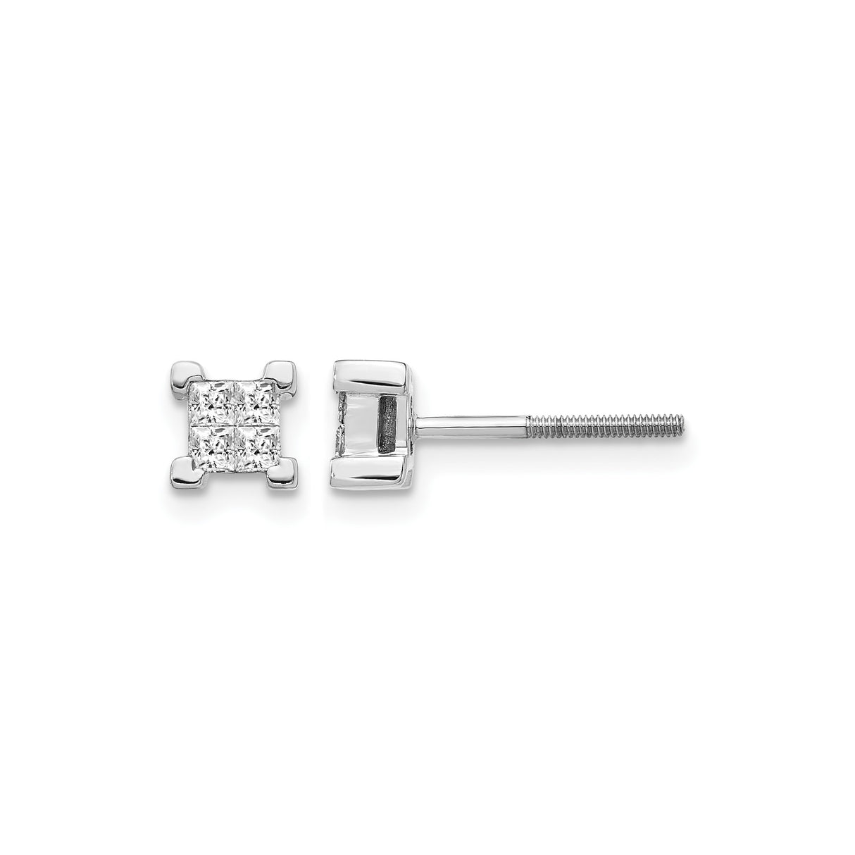 14k White Gold Diamond Stud Earrings with Princess Cut Square Cluster, Screwback Design