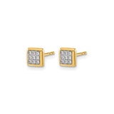 14k Yellow Gold Diamond Stud Earrings, Square Design with Round Cut Cluster Pavé, Unisex Modern Style
