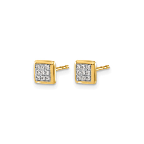 14k Yellow Gold Diamond Stud Earrings, Square Design with Round Cut Cluster Pavé, Unisex Modern Style