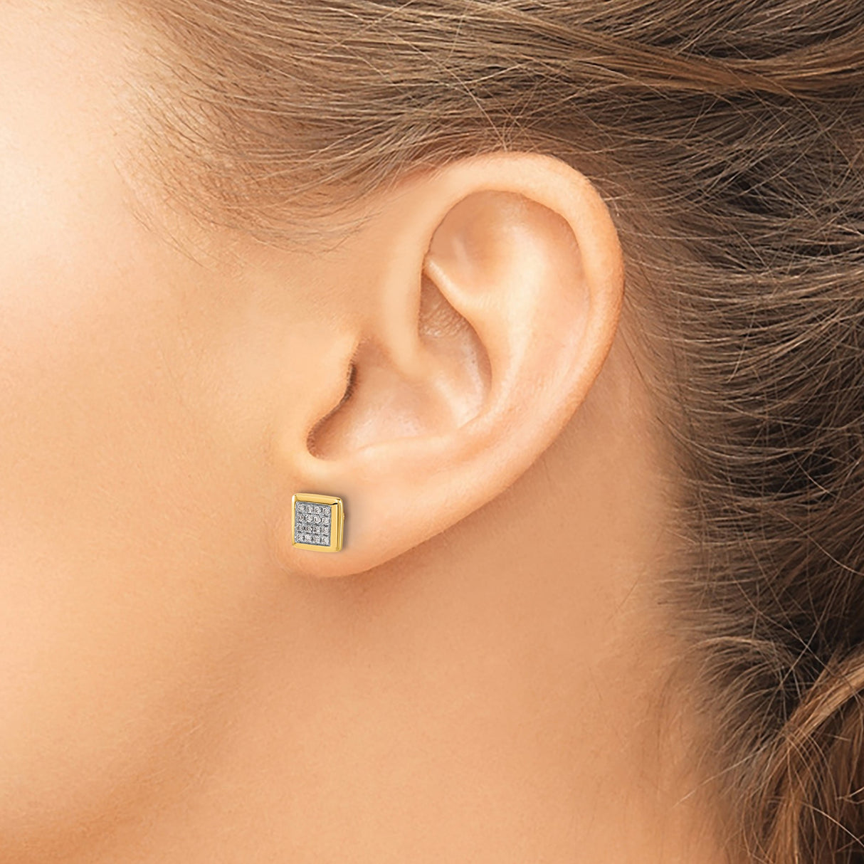 10k Yellow Gold Square Stud Earrings, Pavé Style, Minimalist Geometric Design, Unisex