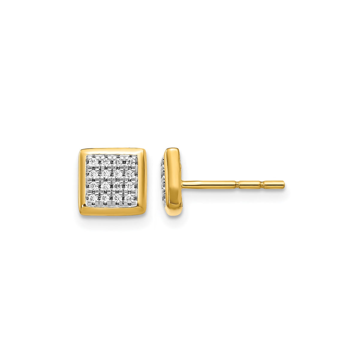 10k Yellow Gold Square Stud Earrings, Pavé Style, Minimalist Geometric Design, Unisex