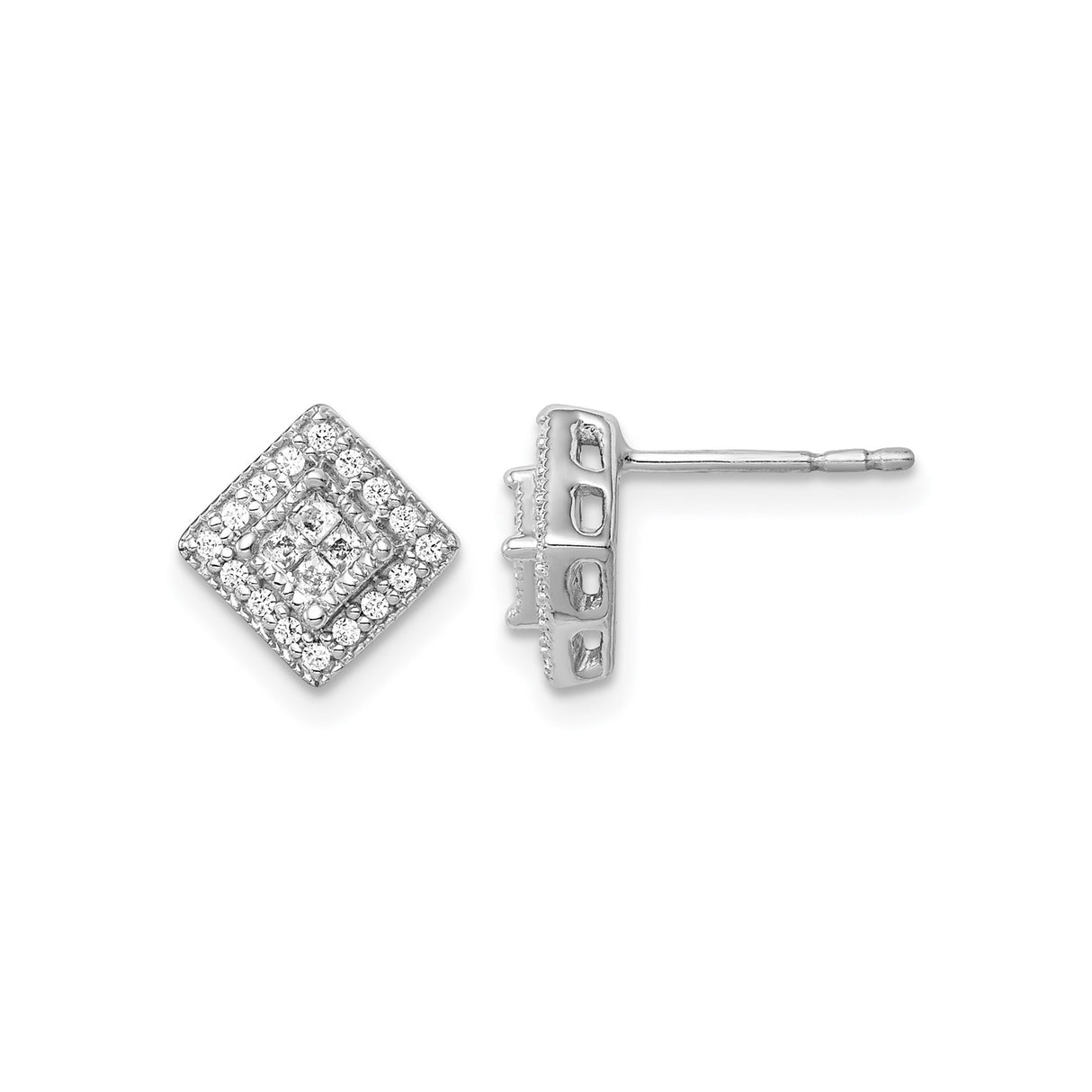 10k White Gold Diamond Stud Earrings, Square Cluster with Double Halo Design