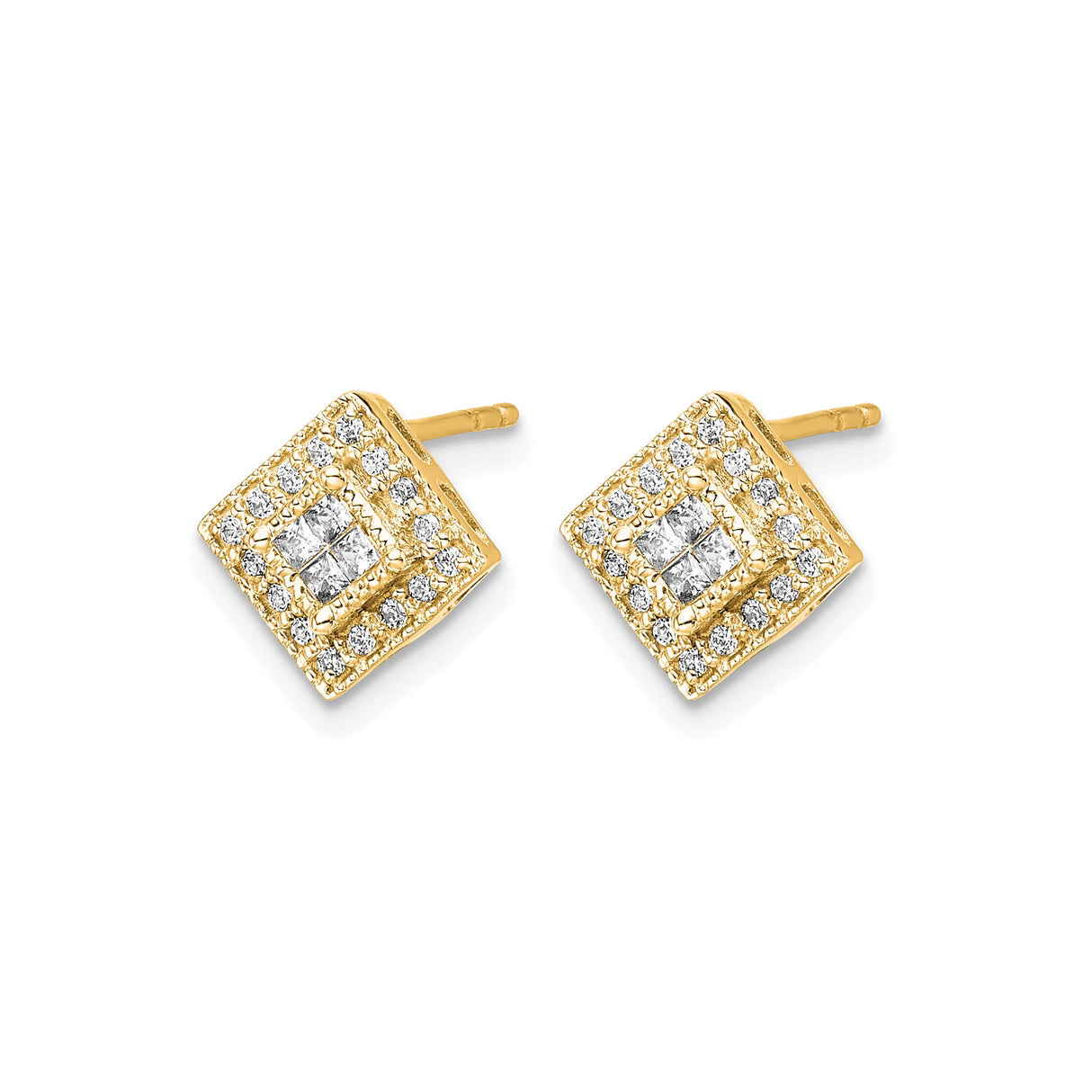 10k Yellow Gold Diamond Stud Earrings, Square-Set Double Halo Geometric Design for Women